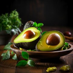 Avocado on old wooden table.Halfs on wooden bowl. Fruits healthy food concept. Made with generative ai. 