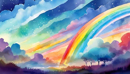 Poster watercolor fantasy sky rainbow. Fairy skies rainbows colors, magic landscape and dream sky background illustration © gary
