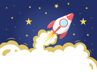 Rocket in outer space. Flat vector illustration with place for text.