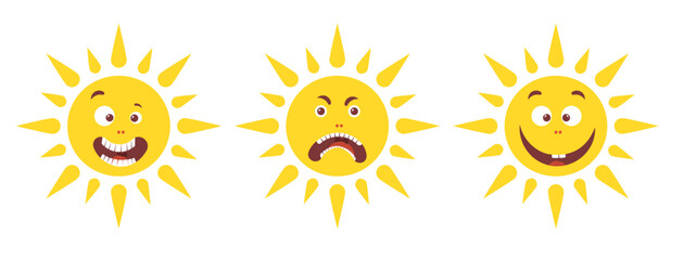 Sun with different emotions. Angry, smiling and dumbfounded sun. - obrazy, fototapety, plakaty