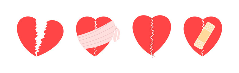 Set of broken hearts. A sewn heart, sealed with a plaster, wrapped in a bandage. Symbol of unrequited love or betrayal. Flat vector illustration.