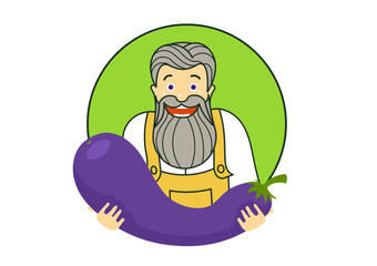 A cheerful gardener with a huge eggplant in his hands rejoices at a good harvest. Vector illustration with outline.