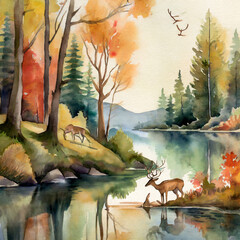 vintage watercolor painting forest in autumn with trees and wildlife in river lake with deer in a landscape