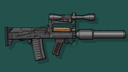Close-up of a black assault rifle Groza with a silencer and an optical sight on a green isolated background. Line Art. High quality illustration