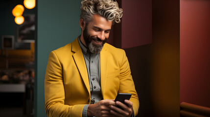 businessman in a cafe with his phone, Makes an order through the app, looks at the phone