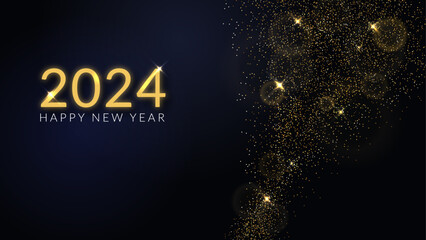 Happy new 2024 year! Elegant gold text with sparkles. Festive banner with golden particles on dark background. - obrazy, fototapety, plakaty
