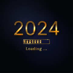 Progress bar with golden particles on dark background. New Year's Eve. Loading animation screen with Glitter confetti shows almost reaching 2024. Creative festive banner with shiny progress bar