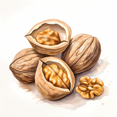 Walnuts cracked and uncracked nuts, watercolor illustration.