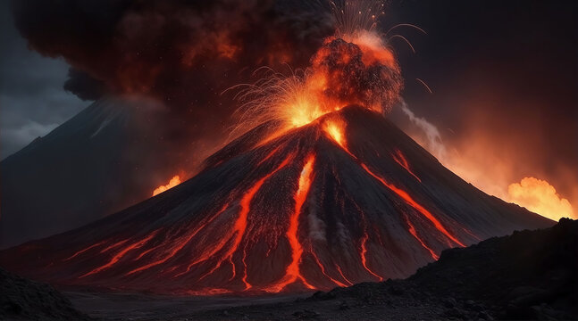 volcano eruption with massive high bursts of lava and hot clouds soaring high into the sky, pyroclastic flow in asia
