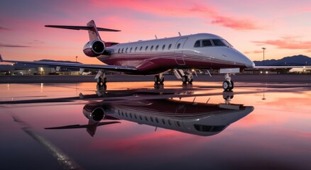 Fototapeta na wymiar a private jet at sunset parked outdoors