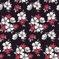 Seamless floral pattern, liberty ditsy print with dark vintage motif. Beautiful botanical design: small hand drawn flowers, tiny leaves in simple bouquets on a black background. Vector illustration.