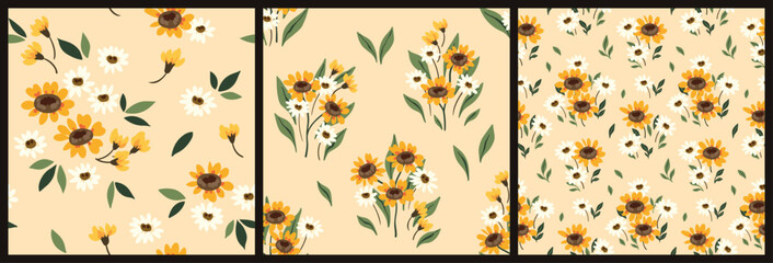 Seamless floral pattern, liberty ditsy print with mini sunflowers in the collection. Cute botanical design: simple hand drawn plants, small wild flowers, leaves, light background. Vector illustration. © Yulya i Kot