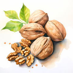 Walnuts cracked and uncracked nuts, watercolor illustration.