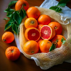 Wicker basket with fresh grapefruits on wooden table. Made with generative ai. 