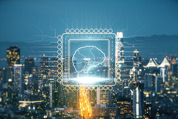 Virtual creative artificial Intelligence hologram with human brain sketch on San Francisco skyline background. Multiexposure