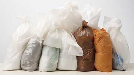 A collection of biodegradable trash bags, folded and stacked, showcasing sustainability on a bright white plane.