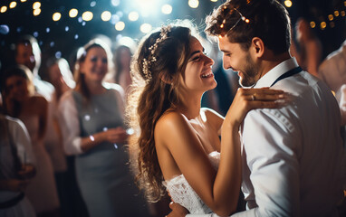 Beautiful Bride in White Dress and Groom Celebrate Wedding at an Evening Reception Party