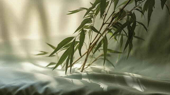 Bamboo leaves on green silk cloth background © lichaoshu