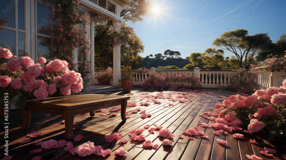 Wall mural garden with pink flowers in the city