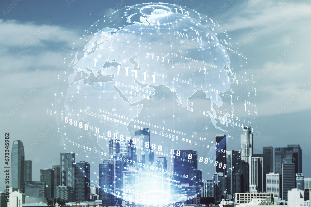 Poster multi exposure of abstract graphic coding sketch and world map on los angeles cityscape background, 