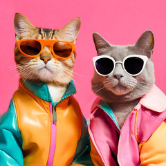 disco cats with glasses bright portrait created with generative ai technology