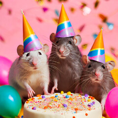 Happy Birthday. Postcard of rats with cake and in caps created with generative ai technology
