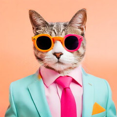 cat in glasses and jacket bright portrait created with generative ai technology