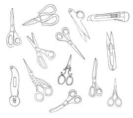 Hand drawn scissors set, Isolated vector illustration on white background. Doodle style different types of scissors