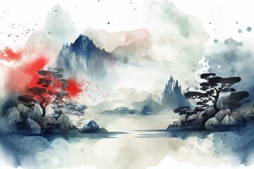 Traditional watercolor Japanese-style vector illustration of an abstract landscape mountain background. Generative AI
