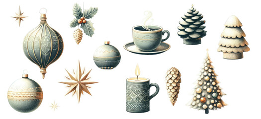 Exquisite Holiday Collection: Elegant Christmas Ornaments, Glittering Star Decorations, Holly with Berries, Festive Pine Cones, Steaming Mug of Hot Beverage, and Decorated Trees – High-Quality Transpa
