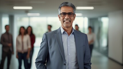 Fototapeta premium Confident older middle aged Indian business man manager standing at office team meeting. generative AI 