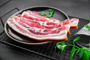 bacon slices fresh meat product pork eating cooking appetizer meal food snack on the table copy space