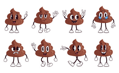 Poop cute character toilet shit emoticon poo set. Vector flat graphic design illustration
