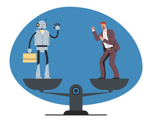 Robot AI intelligence vs human people workers employee concept. Vector flat graphic design illustration 
