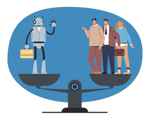 Robot AI intelligence vs human people workers employee concept. Vector flat graphic design illustration 
