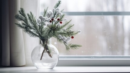 fir branch on the table in a glass vase.