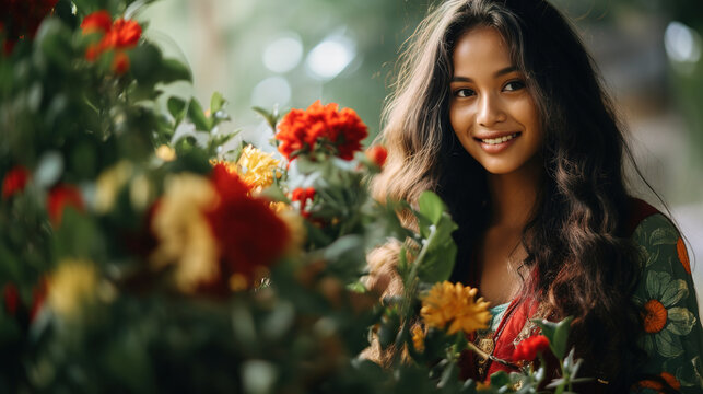 Image of flowers, plants and Asia women with blurred background, with empty copy space