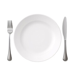 white plate with knife and fork isolated on a transparent background top view