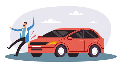 Car traffic crash injury accident road hit pedestrian concept. Vector flat graphic design illustration