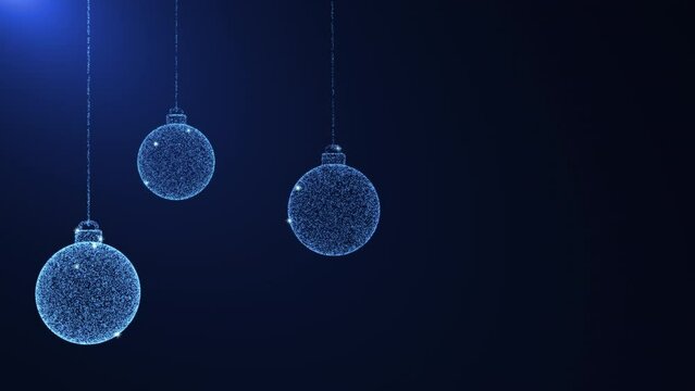 Spinning and swaying blue balls made of blue and white sparkling particles. Christmas decoration. Blue background for congratulations.