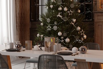 New year tree in scandinavian style interior with christmas decoration. 3D Render