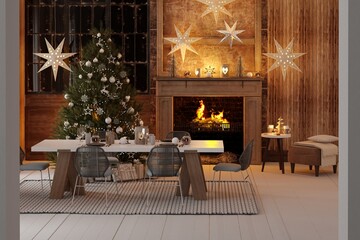 New year tree in scandinavian style interior with christmas decoration. 3D Render