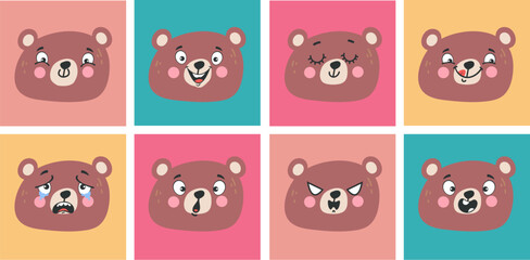 Bear teddy face cute character emotion expressions isolated set. Vector flat graphic design illustration