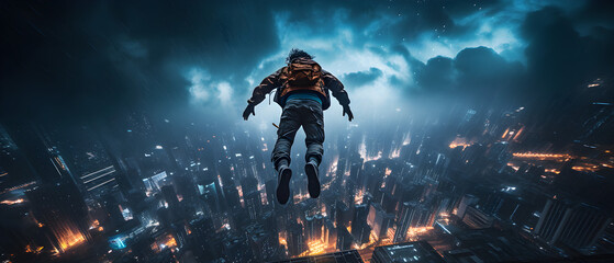 A base jumper is leaping from an urban skyscraper at night, surrounded by a cityscape illuminated with neon lights, The perspective is captured with an ultra-wide lens, giving it a cyberpunk aesthetic - obrazy, fototapety, plakaty
