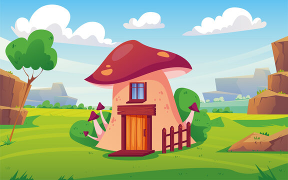 Fairy fantasy magic forest house standing on meadow concept. Vector flat graphic design illustration 
