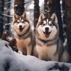 Two adorable husky dogs in the winter forest, AI generator