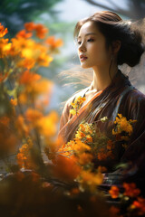 Naklejka premium Image of flowers, plants and Asia women with blurred background, with empty copy space