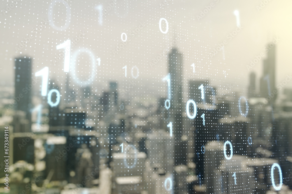 Leinwandbilder abstract virtual binary code sketch on blurry office buildings background, hacking and matrix concep