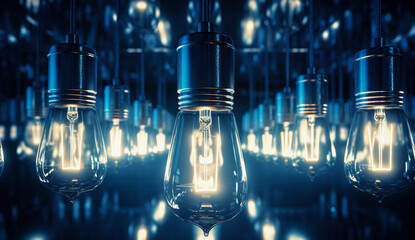 light bulbs that are glowing, in the style of dark blue and teal, bold and busy, electric, clarity