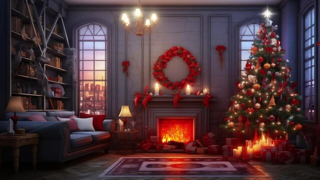 Christmas, Living room with Christmas and New Year decorated interior. cartoon or anime watercolor illustration style looping video background